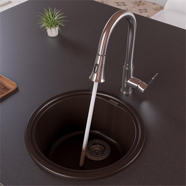 Pemberly Row Chocolate 17" Drop-In Round Granite Composite Kitchen Prep Sink