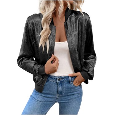 aohooy Women's Metallic Bomber Jacket Lightweight Zip Up Long Sleeve Fashion Sequin Glitter Shiny Disco Party Crop Outwear Black,S