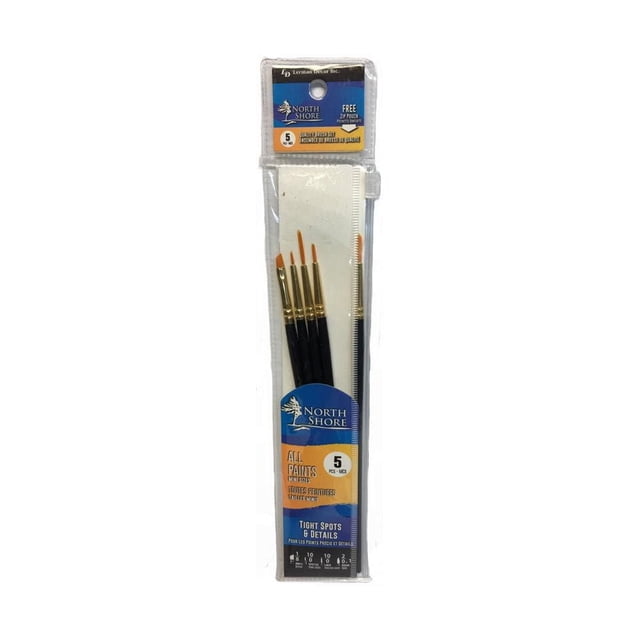 Ensemble de 5 Pinceaux avec Cinq mini Pinceaux, Manches Noirs et Embouts Dorés, Convient à Tous les types de Peinture et Idéal pour les Taches Tenaces et les Détails Fins dans les Fournitures de Peinture Artistique, Emballé dans une Pochette en Plastique Transparent avec la Marque North Shore.