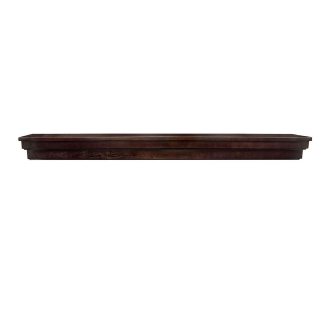 Roman 45" MDF wood veneer mantel in espresso finish, front-facing on white background, featuring a layered rectangular profile made from MDF carb laminate and rubberwood veneer, easy to install with included hardware, ideal for mounting above fireplaces or as a floating shelf, also suitable for displaying home decor.