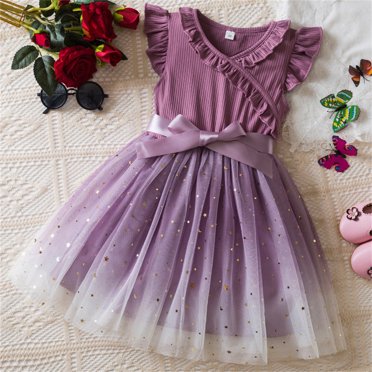 Moins de 10, Jupe d'Été pour Filles, Manches Courtes Col Rond Froncé, Broderie en Dentelle Maille, Nœud Princesse, pour Fêtes, Plage, Extérieur, Tissu Confortable Parfait pour Superposition/95 % Polyester, 5 % Spandex, Violet