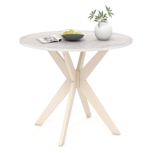 Costway Round Dining Table with a 36-inch faux marble tabletop and intersecting rubber wood legs in white. The table features adjustable foot pads for stability and seats 2-4 people, ideal for kitchens, dining rooms, or cafes. Suitable for board games, puzzles, or cozy gatherings.