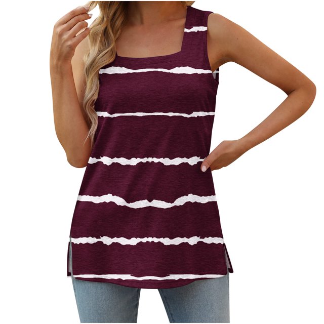 Birdeem Mode Femme Imprimé Col Carré Confortable T-Shirt Ample Sans Manches Blouse Décontractée Hauts
