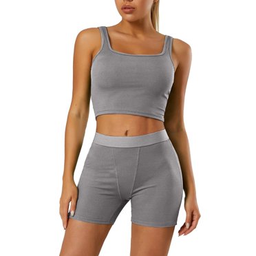 Ketyyh-chn99 T-Shirts à Manches Courtes pour Femme Shorts pour Dames Ensembles d'Entraînement Tenues de yoga Manches Courtes Détente Poche Pantalon de Survêtement pour la Maison Gris,P