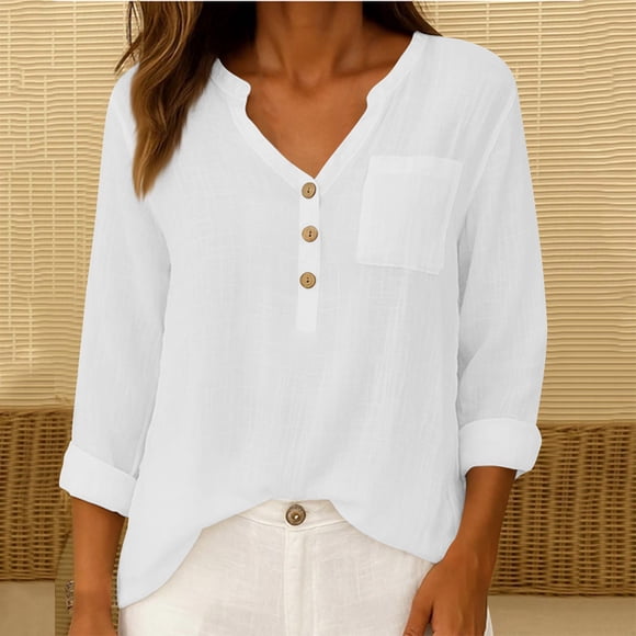 Sentmoon Womens Clothing Womens Blouse Womens V Neck Solid Color and Linen T-shirt Top Delightful for Work & Office White XXL