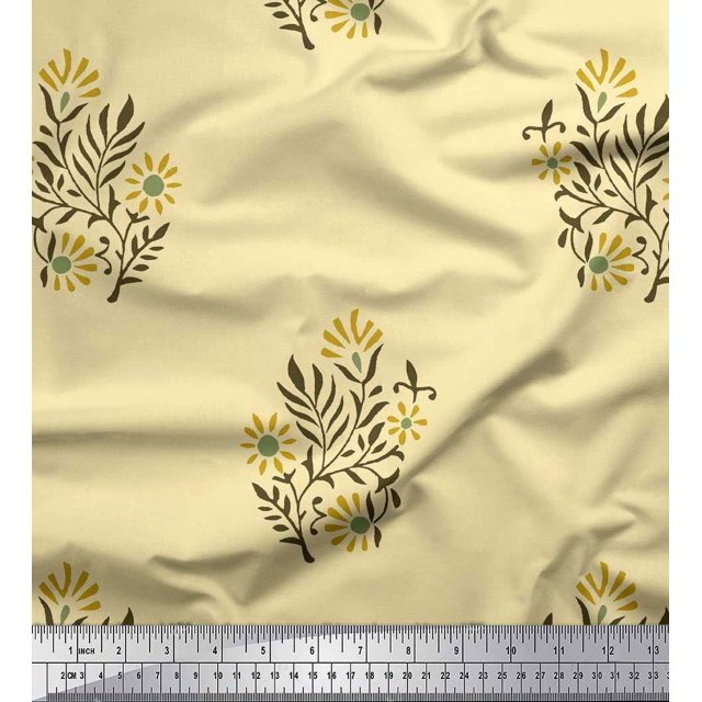 Soimoi Poly Georgette Fabric Leaves & Floral Block Print Fabric by The Yard 52 Inch Wide