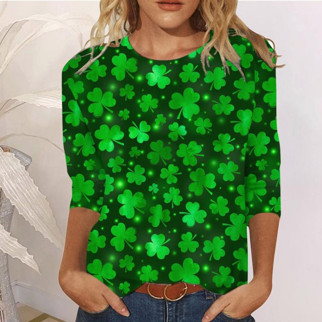 CEHVOM T-Shirt de la Saint-Patrick pour Femmes Manches 3/4, T-Shirts Imprimés Verts Chanceux, Mode Décontractée Col Rond Imprimé Saint-Patrick