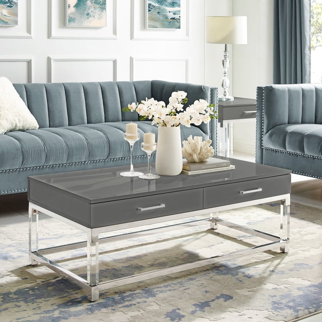 Inspired Home Table Basse Maximo 2 Tiroirs Pieds en Acrylique à Fini Très Lustré Base en Acier Inoxydable Chromé Design Moderne, Gris Foncé/chrome