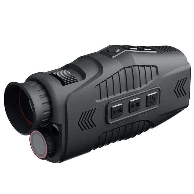 GoolRC 1080P Portable Monocular with infrared capability for day and night use, featuring 5X digital zoom and a 1.54-inch TFT screen. Designed for hunting, boating, and travel, it offers a full dark viewing distance of 200-300 meters and a low-light range from 3 meters to infinity. Compact and lightweight with a textured black ABS body, it includes buttons for menu, mode, and power control.