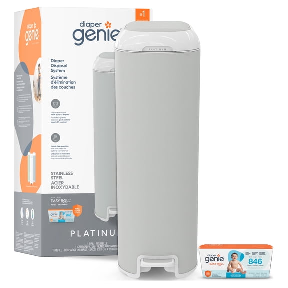 Poubelle à couches bloque-odeur Diaper Genie Platinum - Gris mat - 18 sacs
