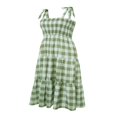 thumbnail image 3 of Femmes Été Robe à Carreaux Froncé Sling Bretelles Cravate Casual Longue Robe Dames Plage Chic une Pièce, 3 of 7