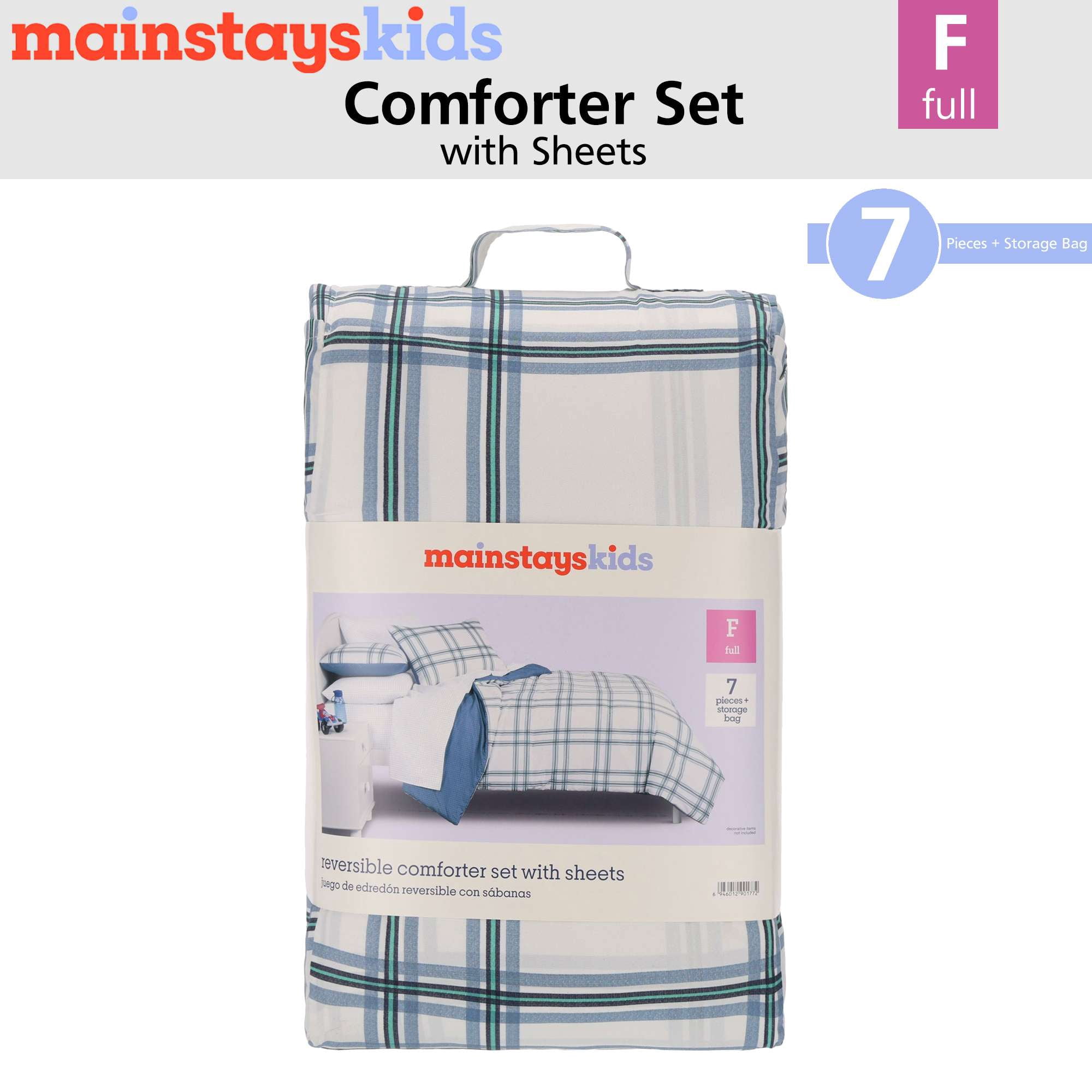 Mainstays Kids Dinosaur 7-Piece Bed a Bag Bedding Set, Reversible Comforter, Double