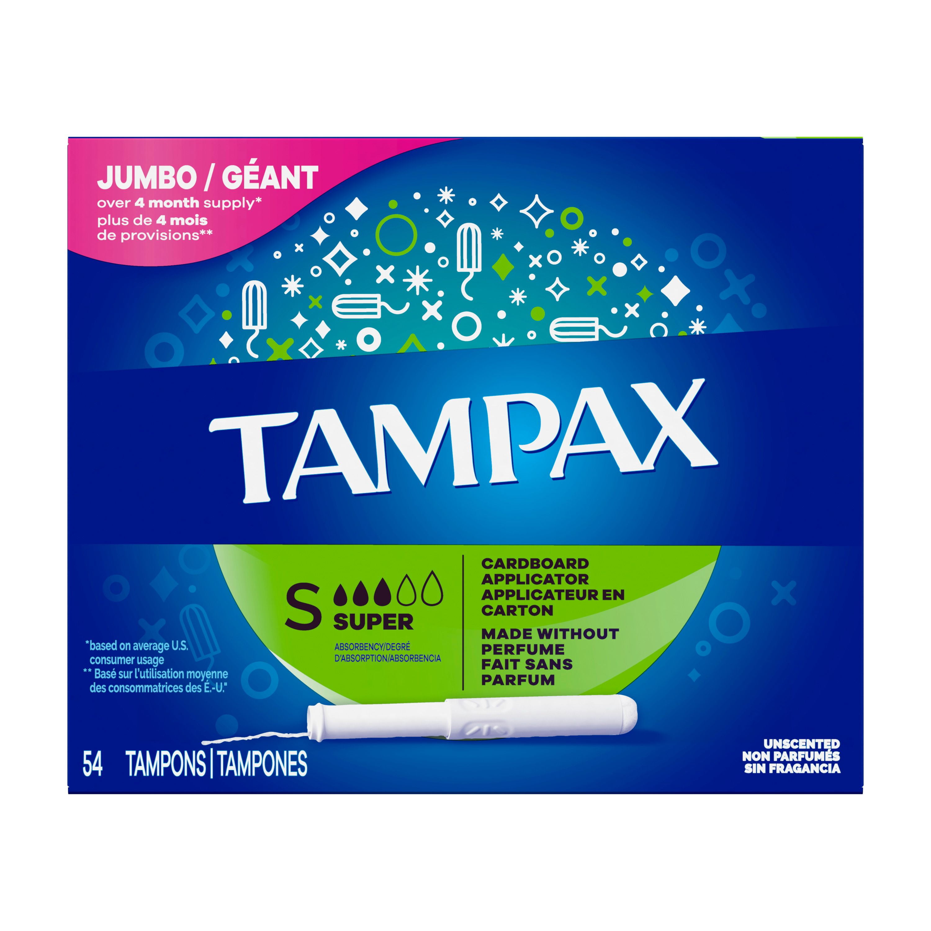 Tampax Tampons avec Applicateur en Carton Absorption Super, Prise Antidérapante, Jupette Anti-Fuites, Non Parfumés