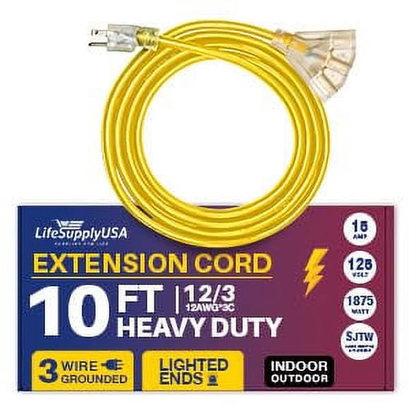 LifeSupplyUSA Power Extension Cord Outdoor/Indoor 12 Gauge/3 Prong 15 Amp 125 Volts 10 ft, Yellow