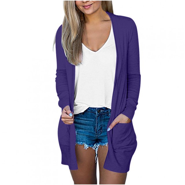AherBiu Womens Cardigan Tops Long Sleeve Open Front Mid-Long Outwear with Pockets Spring Clothes