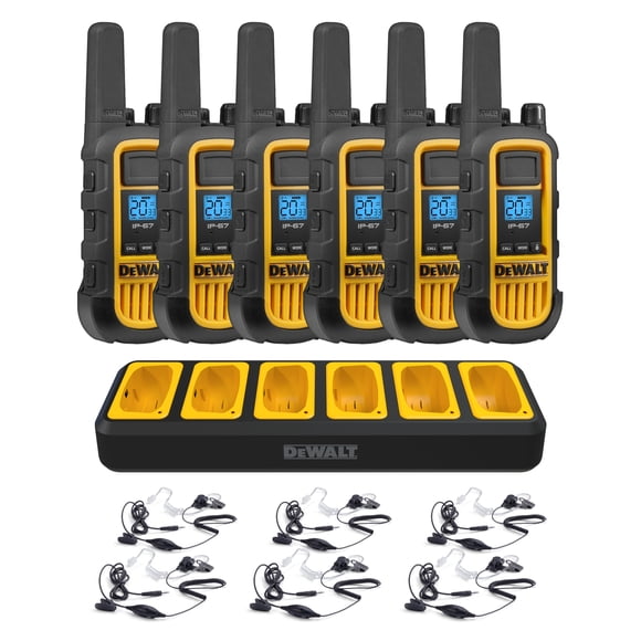 DeWalt DXFRS800 Heavy-Duty Walkie Talkies with Earpieces & 6-Port Charging Dock (6 Radios) - 2W Rechargeable Long Range Two-Way Radios, Waterproof
