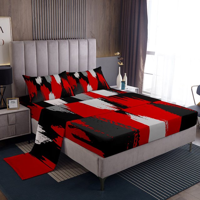 Erosebridal Ensemble de Draps Moderne Abstrait Format Simple, Draps Art Aquarelle Simple, Rouge Noir 3 Pcs