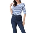 thumbnail image 4 of INSPIRE CHIC Hauts pour Femmes Non Doublés Col Rond Manches au Coude Coupe Ajustée T-Shirt Décontracté TG Bleu Blanc, 4 of 6