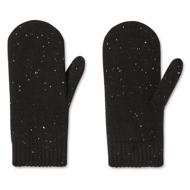 George Women's Knit Mitts in black with white speckles, crafted from a soft wool blend knit with ribbed cuffs to retain warmth, shown flat with thumbs extended, designed for cold weather and wind protection, also suitable as winter accessories.