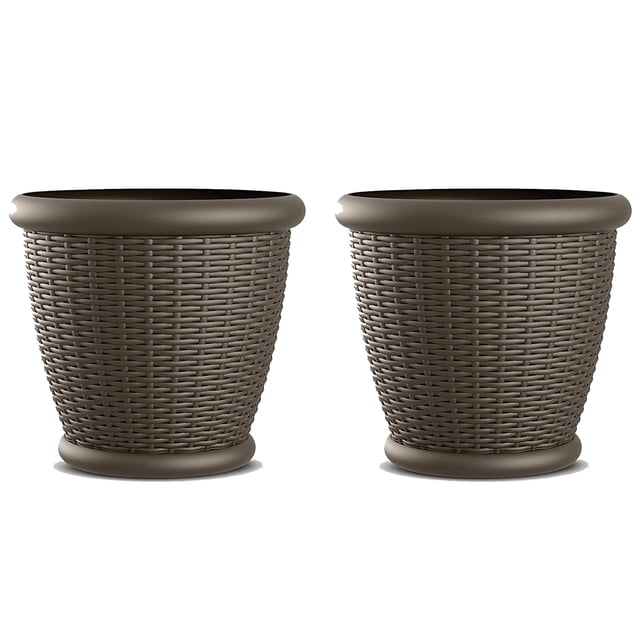 Suncast Willow 18-inch diameter decorative wicker planter pots in a Java color, shown as a set of two. These lightweight plastic garden planters feature a contemporary wicker design, weatherproof materials, and drillable drain holes for indoor or outdoor use. Ideal for patio or garden spaces, each pot measures 18 inches wide and 15.75 inches tall.