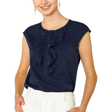 INSPIRE CHIC Blouse Ample pour Femme à Col Volanté, Manches Courtes à Cap, Patte de Boutonnage