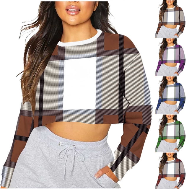 WRKEKC T-Shirts à Manches Longues pour Femmes, Hauts d'Été pour Femmes, T-Shirt Blouse Chandail à Manches Longues à Col Rond Imprimé à Carreaux Décontracté Tendance pour Femmes