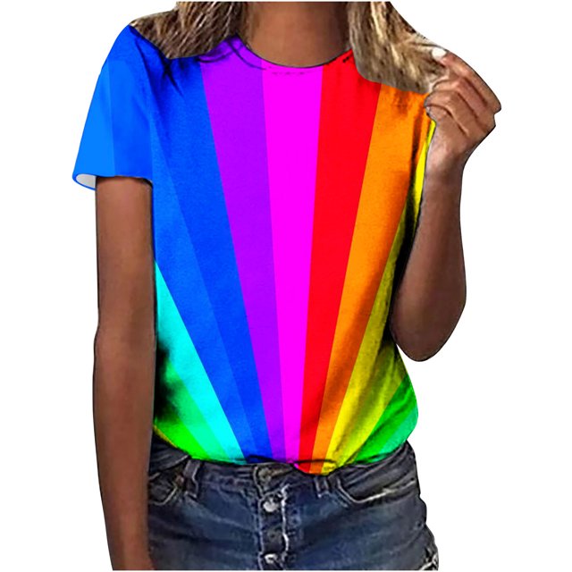 Penkiiy T-Shirts Décontractés à Manches Courtes pour Femmes, Dégradé Arc-en-Ciel, Col Rond, Imprimé Arc-en-Ciel, Blouse Confortable, Multicolore