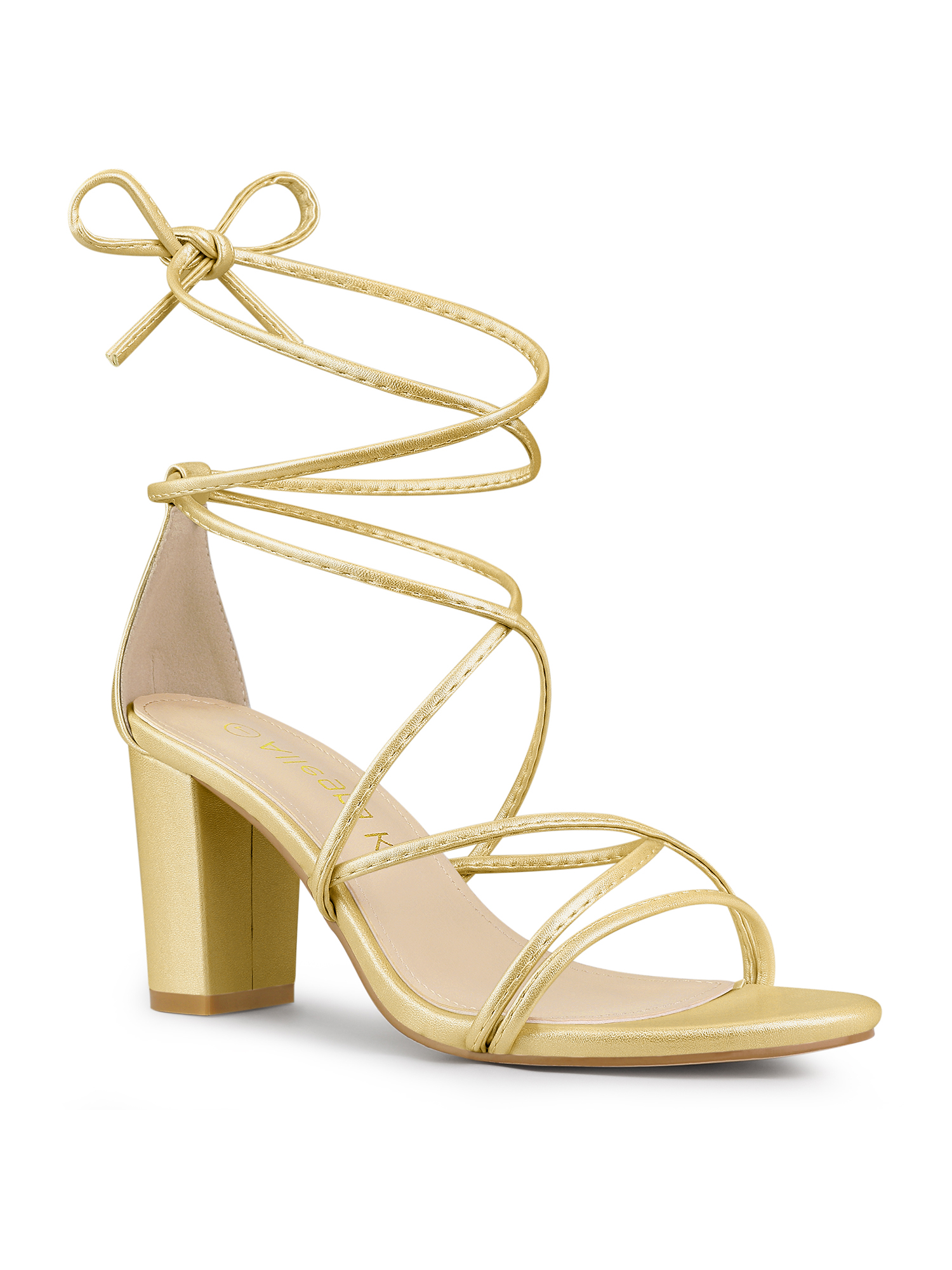 BLISSFUL STEP Women's Shoes Open Toe Lace Up Block Heel Strappy Heels Gold 6