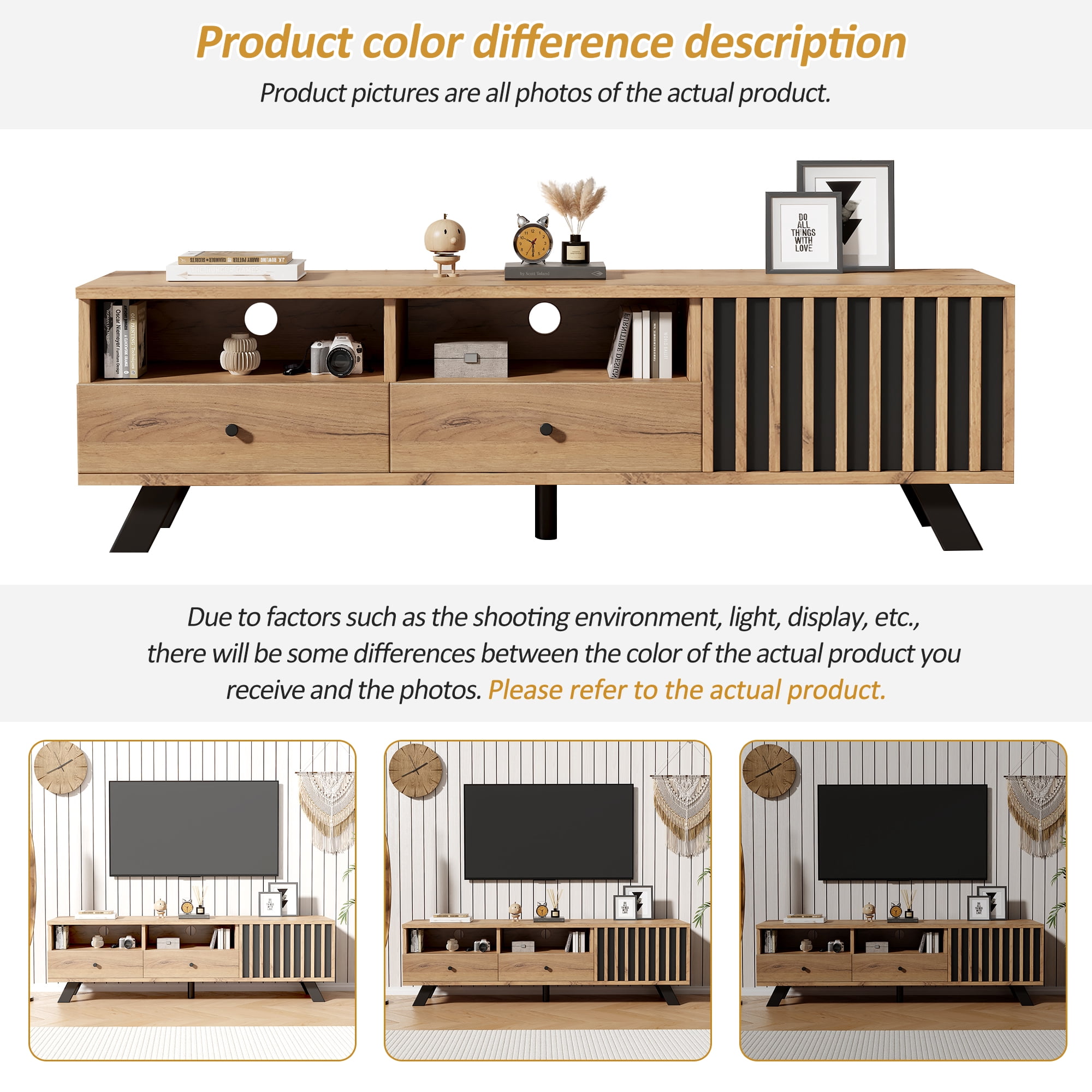Noble House 59" TV Stand,Open Shelving Wood-Grain Finish Media Console for 65" TV,Natural
