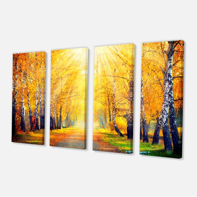 Designart - Arbres Jaunes d'Automne dans un Rayon de Soleil - Grande Impression sur Toile de Paysage