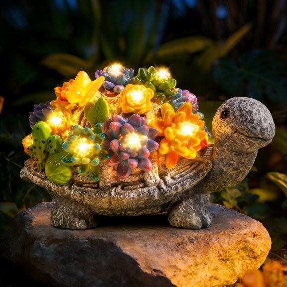 Ollny Lampe Statue de Tortue de Jardin Solaire avec Succulentes et 8 Lumières DEL, Lampe Statue de Tortue en Résine Étanche IP65 pour Déco de Patio, Cour et Pelouse