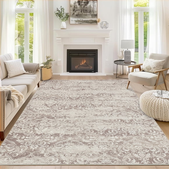 Boho Neutral Area Rugs for Living Room Soft Vintage Damask Area Rugs Low Pile Washable Large Area Rug