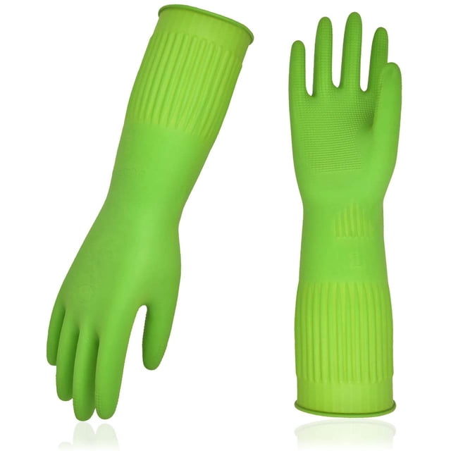 Gants de Vaisselle Vgo, Gants Ménagers Réutilisables, Cuisine/nettoyage (Taille M, Rouge, RB2143). une Paire de Gants en Caoutchouc Longs et Verts avec une Paume Texturée pour une Excellente Prise et des Poignets Nervurés pour une protection Accrue. Conçus pour la Vaisselle de Cuisine, le Nettoyage Domestique, le Jardinage et la Manipulation de Produits Chimiques. Fabriqués en Caoutchouc Naturel Doux et Imperméable pour une Flexibilité et une performance Antidérapante.