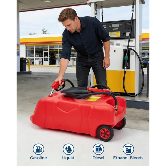 Portable Gas Can on Wheels – 15.85 Gallon Heavy Duty – Fuel Storage Caddy with 10FT Manual Siphon Pump – Car, Boat, ATV, Tractor, Snow Blower & Generator – Red