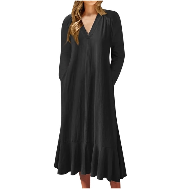 Pisexur Robes d'Automne pour Femmes, Couleur Unie, Manches Longues, Robes de Retour à la Maison, Col en V, Robes d'Invitée de Mariage pour Femmes, Robe Maxi Décontractée Ample, Robes Grande Taille pour Femmes aux Formes, P-5TG
