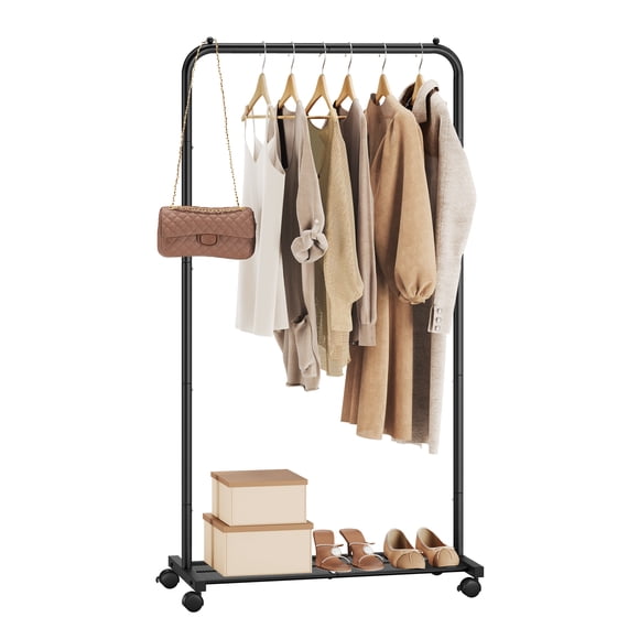 Clothes Rack with Wheels, 29.1 Inch Garment Rack, Clothing Rack for Hanging Clothes, with Dense Mesh Storage Shelf, 77 lb Load Capacity, 2 Brakes, Steel Frame, Black