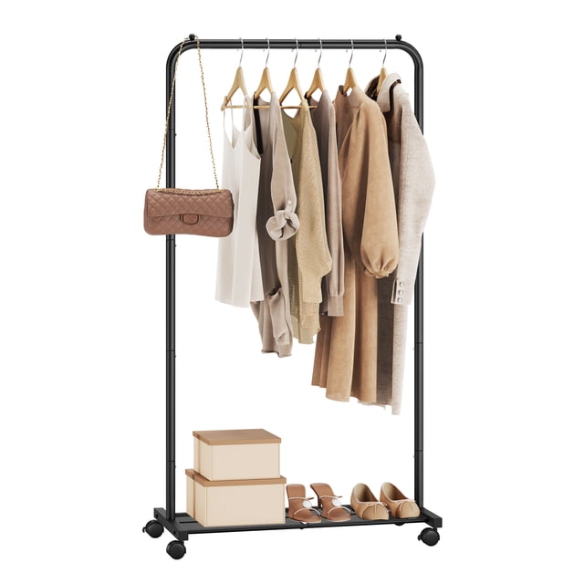 Clothes Rack with Wheels, 29.1 Inch Garment Rack, Clothing Rack for Hanging Clothes, with Dense Mesh Storage Shelf, 77 lb Load Capacity, 2 Brakes, Steel Frame, Black