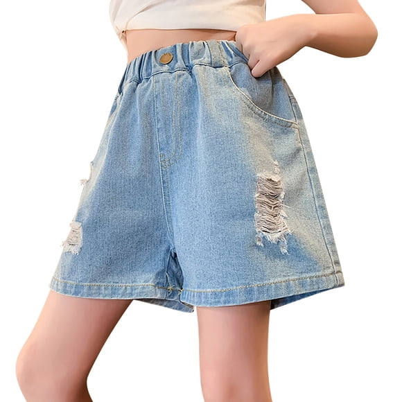 GPOECD Shorts en Denim à Taille Haute Déchirés pour Filles, Jambe Droite, Été, Décontractés, Coupe Ample, Pantalon en Jean à la Mode 01_Blue,140
