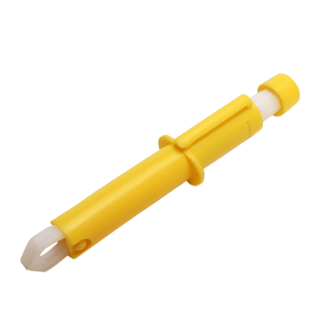 Coghlan's Tick Remover Tool for Humans & Pets, a yellow plastic handheld device with a white forked tip for contactless tick removal, shown angled on a white background, designed for safe, easy use on humans and animals during outdoor activities and camping.