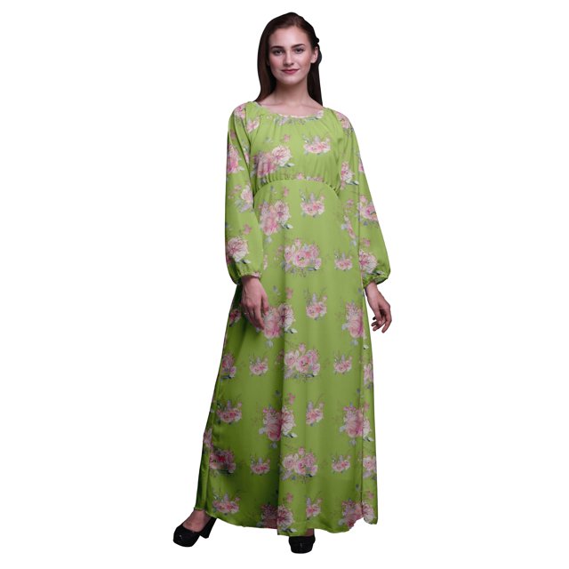 Bimba Robe Maxi à Manches Longues pour Femmes en Georgette Mousse Imprimée de Roses et de Renoncules à Taille Élastique - Moyen