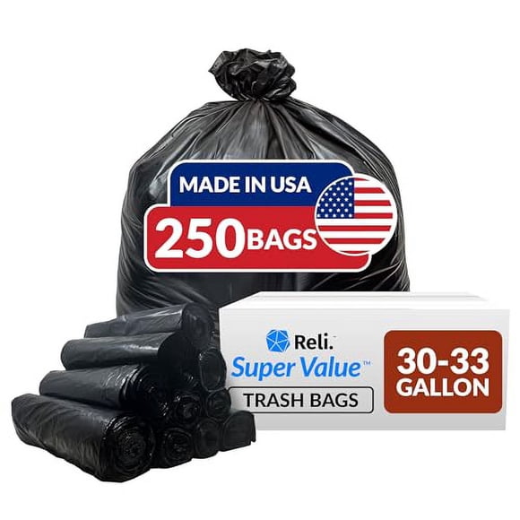 Reli. 30-33 Gallon Trash Bags Heavy Duty 250 Bags Bulk Black Large Trash Bags 30+, 32 Gallon Made in USA