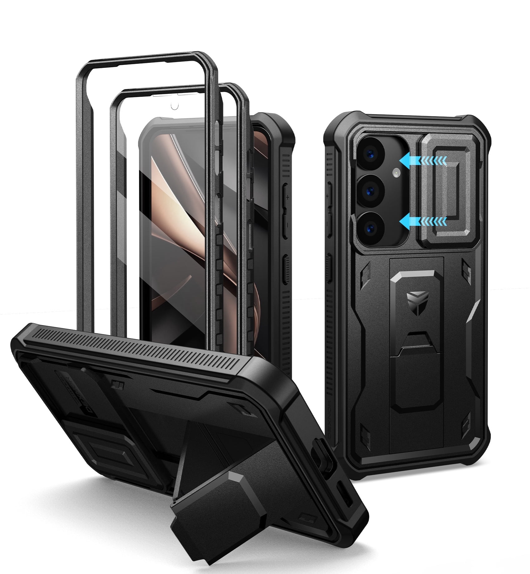 Dexnor for Samsung Galaxy S25 Case with Built-in Slide Camera Cover & Screen Protector & Kickstand, Heavy-Duty Shockproof Rugged Case Full-Body Bumper Protective Cover for Galaxy S25 2025, Black