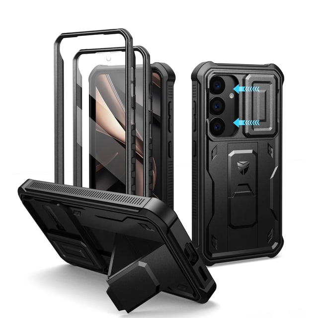 Dexnor for Samsung Galaxy S25 case in black with a rugged full-body bumper design, built-in slide camera cover, screen protector, and kickstand. This heavy-duty shockproof case offers military-grade drop protection, precise cutouts for ports and buttons, and supports wireless charging. Multiple angles highlight its durable construction, raised edges for screen safety, and versatile kickstand for hands-free use.