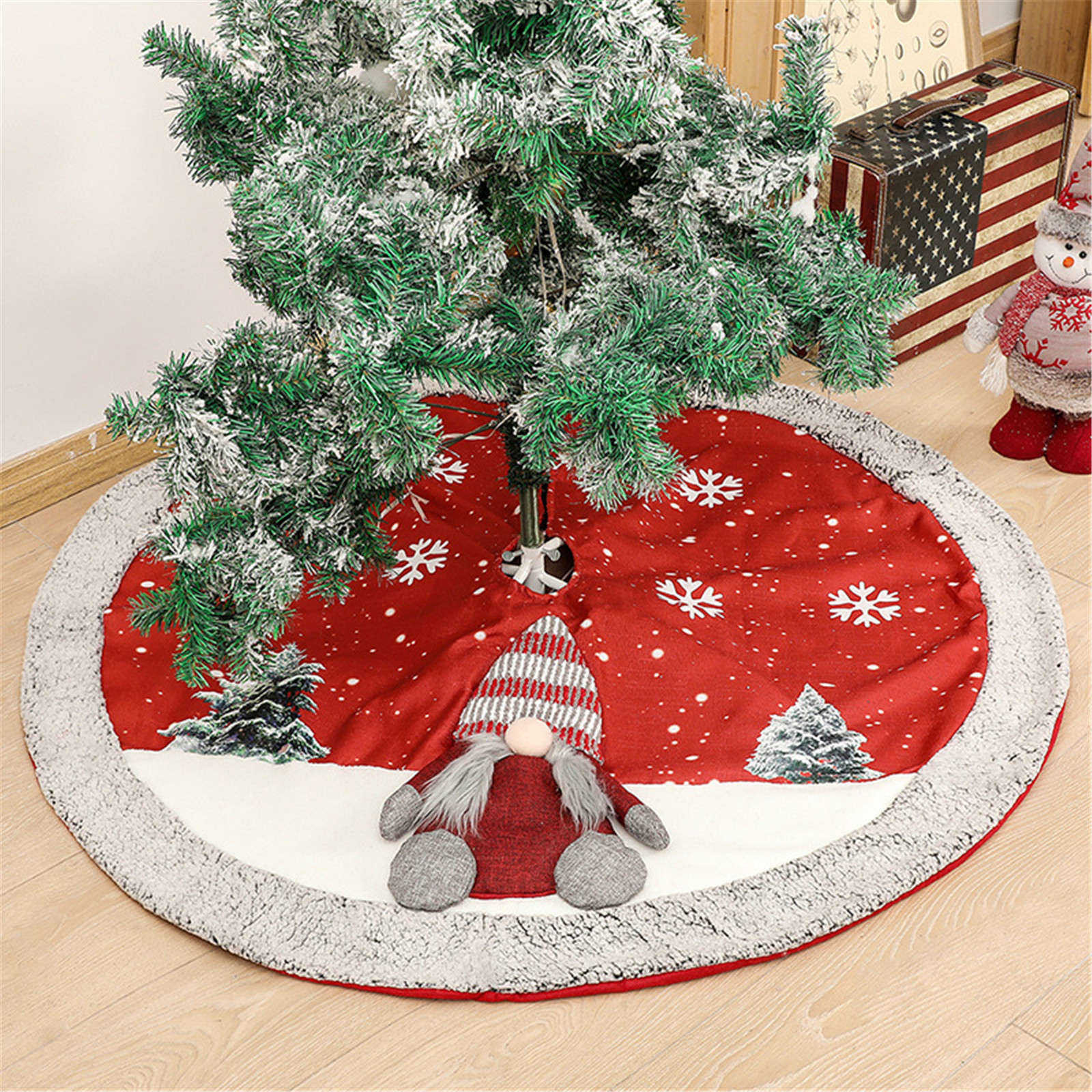 Christmas Tree Skirt Ornament Red Soft Christmas Tree Mat With Snowflake 50% off Clearance, Faceless Doll And Christmas Tree Pattern Ornament Party 48 Inches