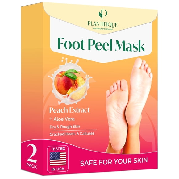 Plantifique Foot Peeling Mask with Peach for Dry, Cracked Feet, 2 Pairs