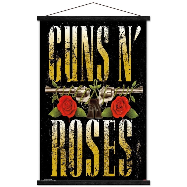 Guns N' Roses - Stacked Logo Wall Poster, 22.375" x 34" featuring a black glossy poster with distressed yellow gradient text 'GUNS N' ROSES' stacked vertically. Two silver revolvers cross horizontally in the center, wrapped with green vines and flanked by two red roses with green leaves. The lightweight poster includes black wooden hanging bars and a thin black string, ideal for bedroom or office wall decor.