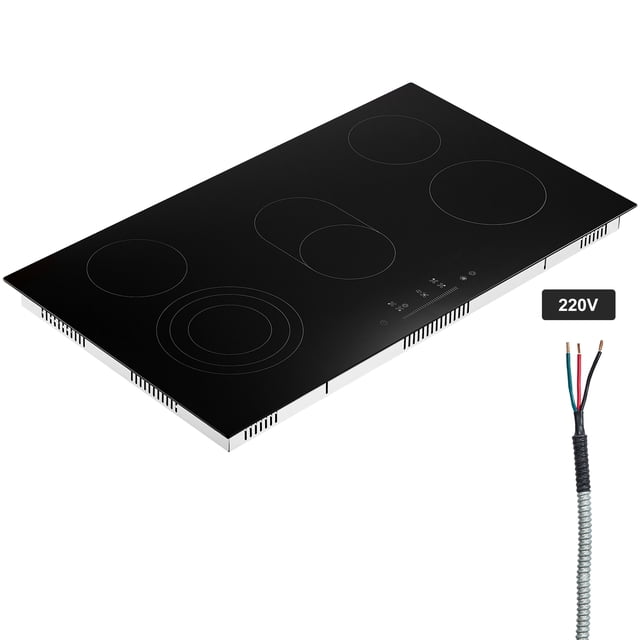 KFFKFF Electric Range, 36-inch built-in ceramic cooktop with 5 heating elements, featuring a durable black glass surface and touch slider control panel. Includes 9 temperature settings, timer, pause function, and safety lock. Compatible with 220-240V direct wiring installation.