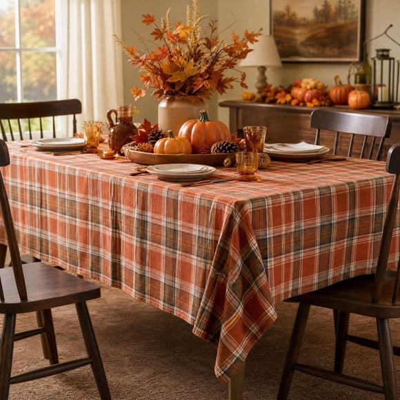 Plaid Tablecloth with Checkered Design for Thanksgiving and Fall Harvest Holiday Dining