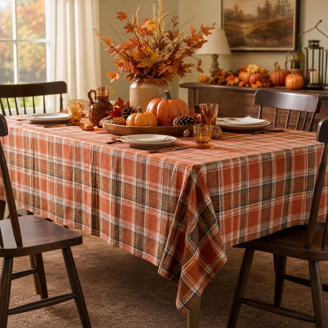 Plaid Tablecloth with Checkered Design for Thanksgiving and Fall Harvest Holiday Dining