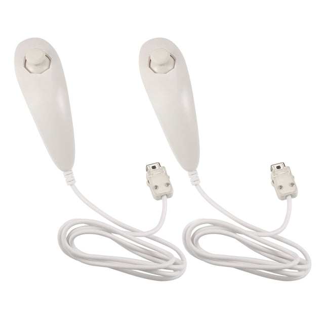 2Packs Wii Nunchuck Controllers Replacement for Nintendo WII U Motion Controllers Video Game. The image shows two white Nunchuk controllers with ergonomic designs, each featuring an analog stick, 'C' and 'Z' buttons, and a 3-axis motion sensor. The controllers are connected via white cords with a length of 1.2m (47.2 inches) and are compatible with Wii and Wii U consoles. Ideal for left-hand use and immersive gaming experiences.